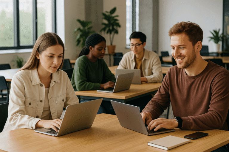 Young professionals collaborating in a bright modern office with laptops.