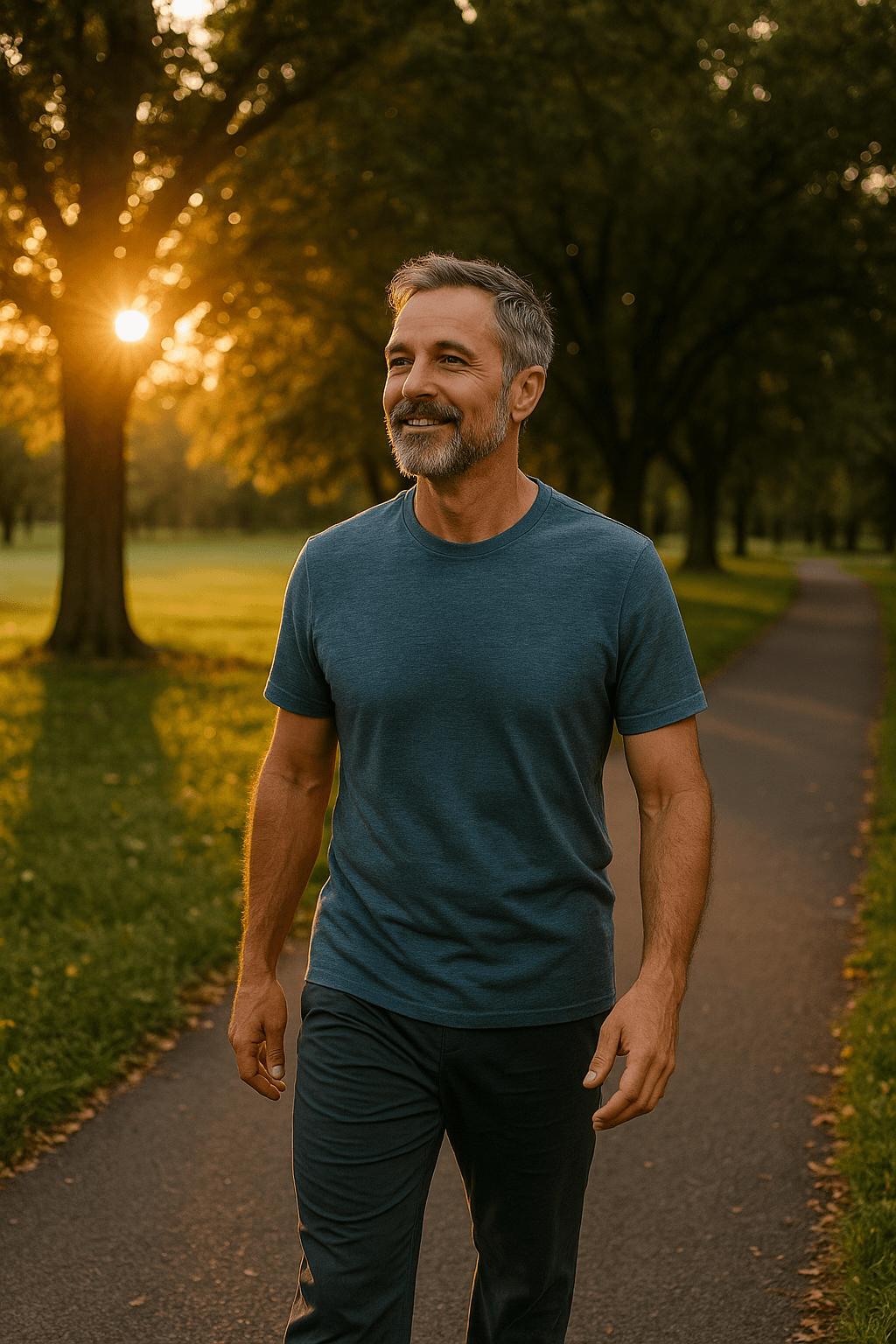 Man walking along a park pathway at sunset, symbolizing post-meal walking for health.