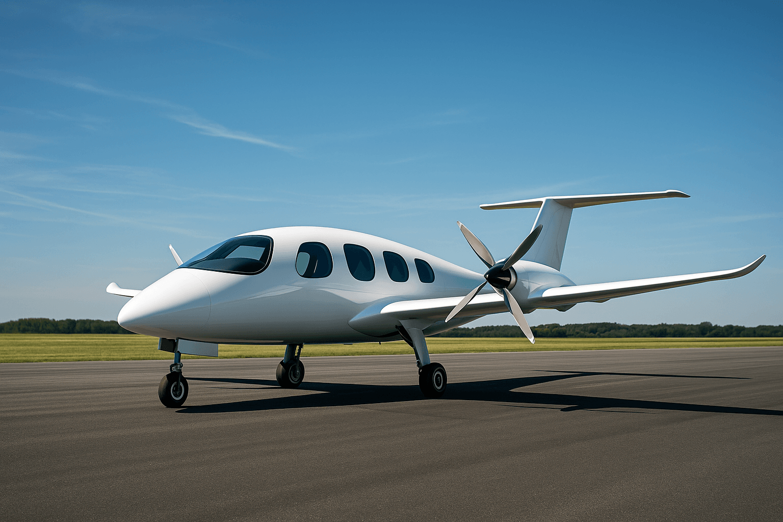 Sleek prototype electric aircraft parked on runway under blue sky