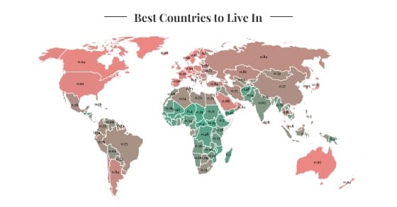 World map highlighting Switzerland, Norway, Denmark, Finland, and Australia as top countries for quality of life in 2025.