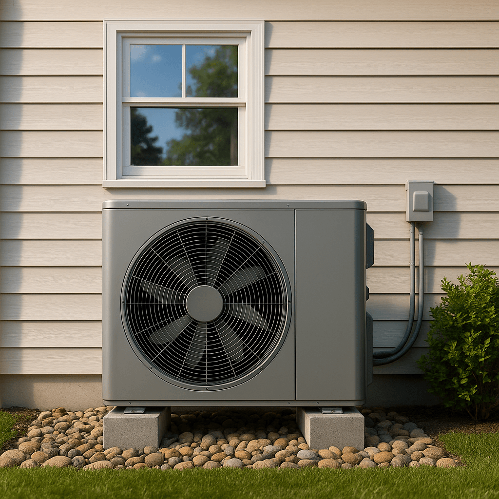 Modern heat pump unit installed outside a suburban home