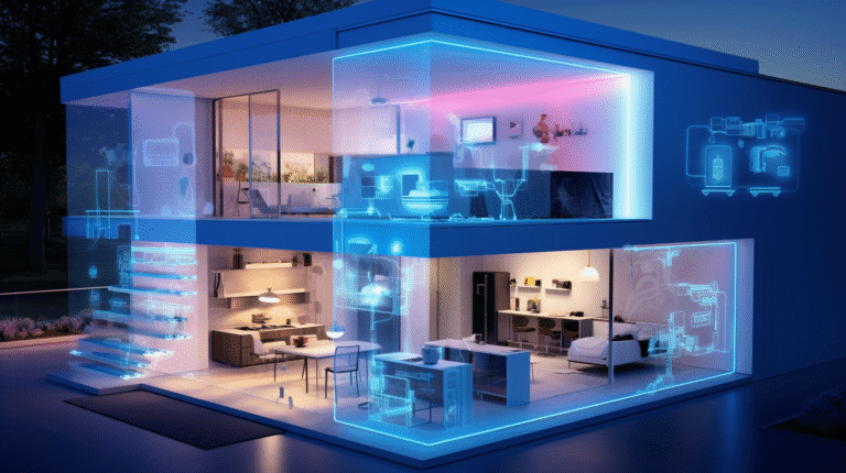 Modern house cutaway with connected smart home devices.