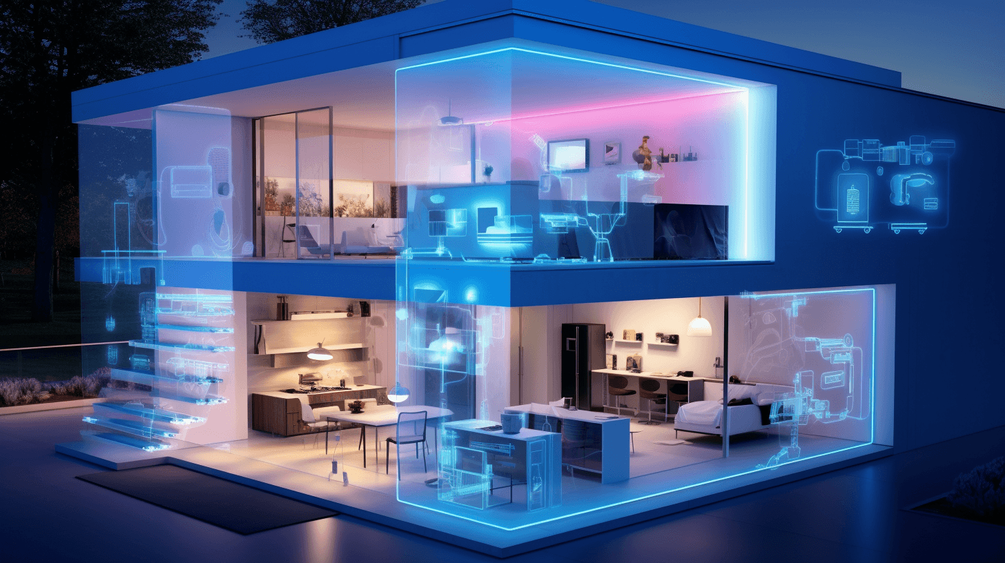 Modern house cutaway with connected smart home devices.