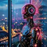 A humanoid AI figure with circuit-like detail gazes over a neon-lit cityscape.