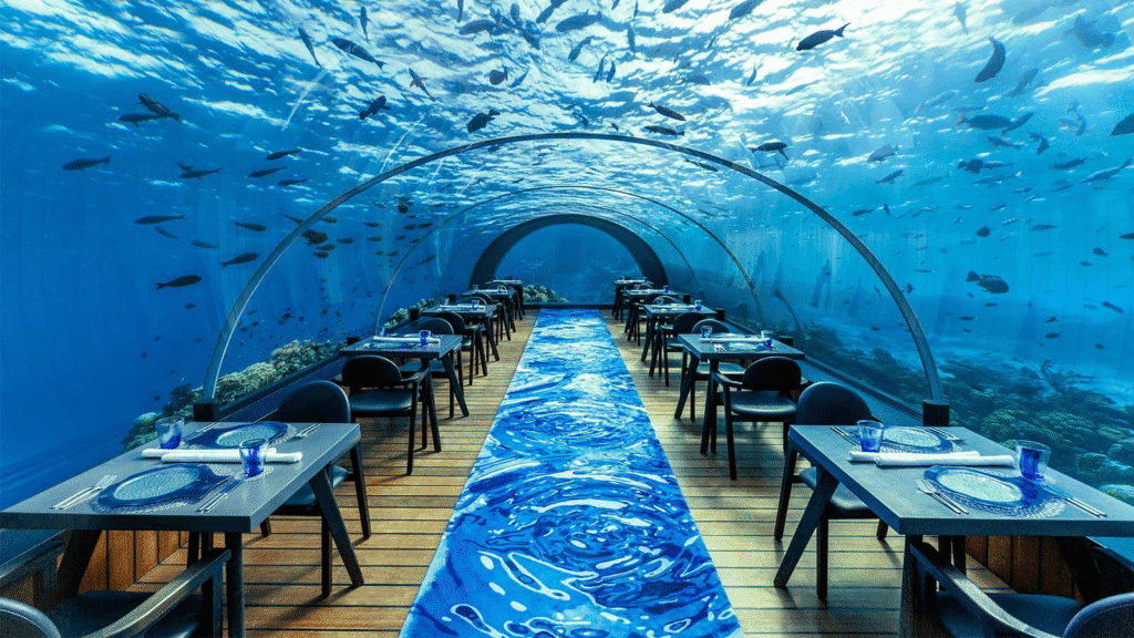 Ithaa Undersea Restaurant, Maldives a unique restaurant dining experience beneath the ocean.