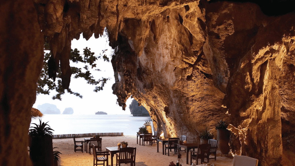 The Grotto Cave Restaurant, Krabi, Thailand, is a unique restaurant dining inside a stunning limestone cave