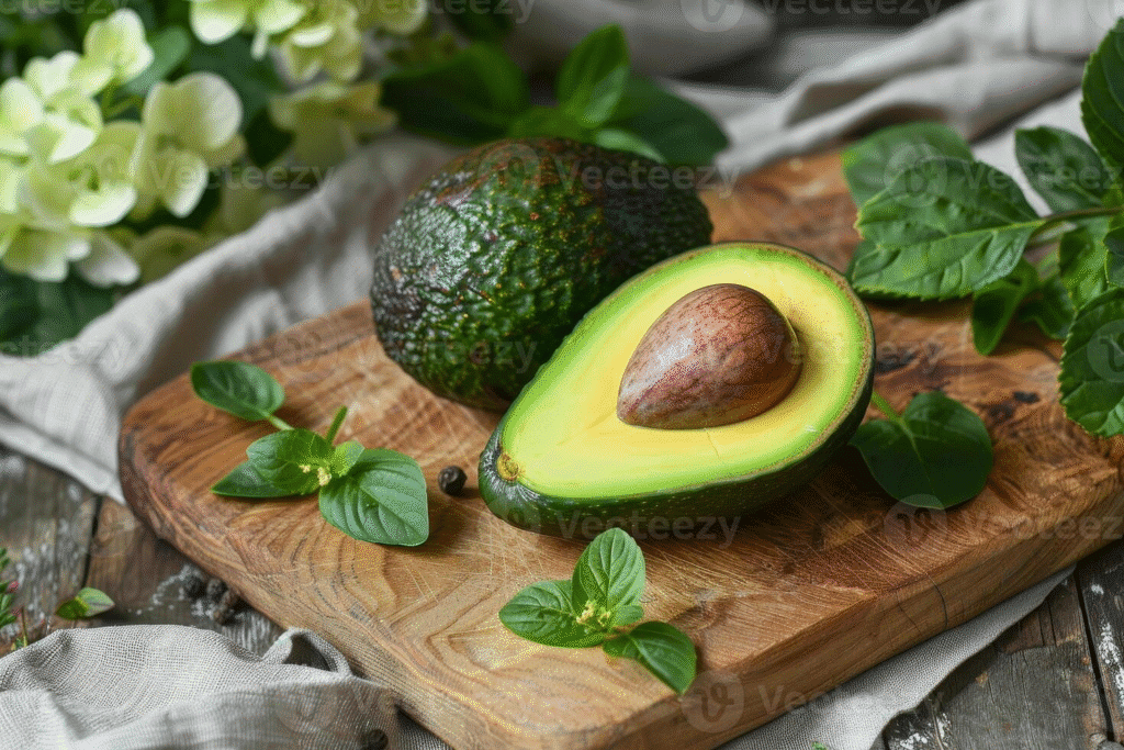 A ripe avocado pear is cut in half on a wooden board, revealing its creamy green flesh and a large brown seed in the center.