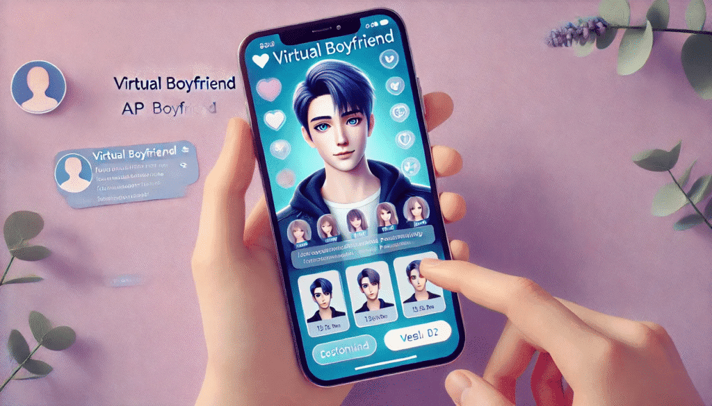 Close-up of a smartphone displaying an AI boyfriend app for virtual relationships.