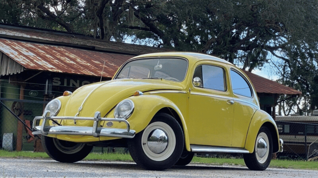 Vintage Volkswagen Beetle from the mid-20th century parked on a quiet street, capturing the charm of a bygone era