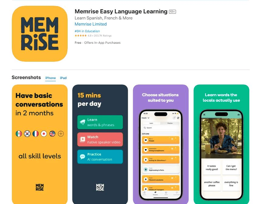 Memrise free language app showing vocabulary learning exercises