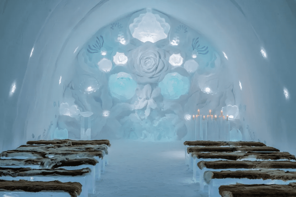 Tourists sleeping on ice beds at the Icehotel in Jukkasjärvi, Sweden as one of the strangest hotels in the world