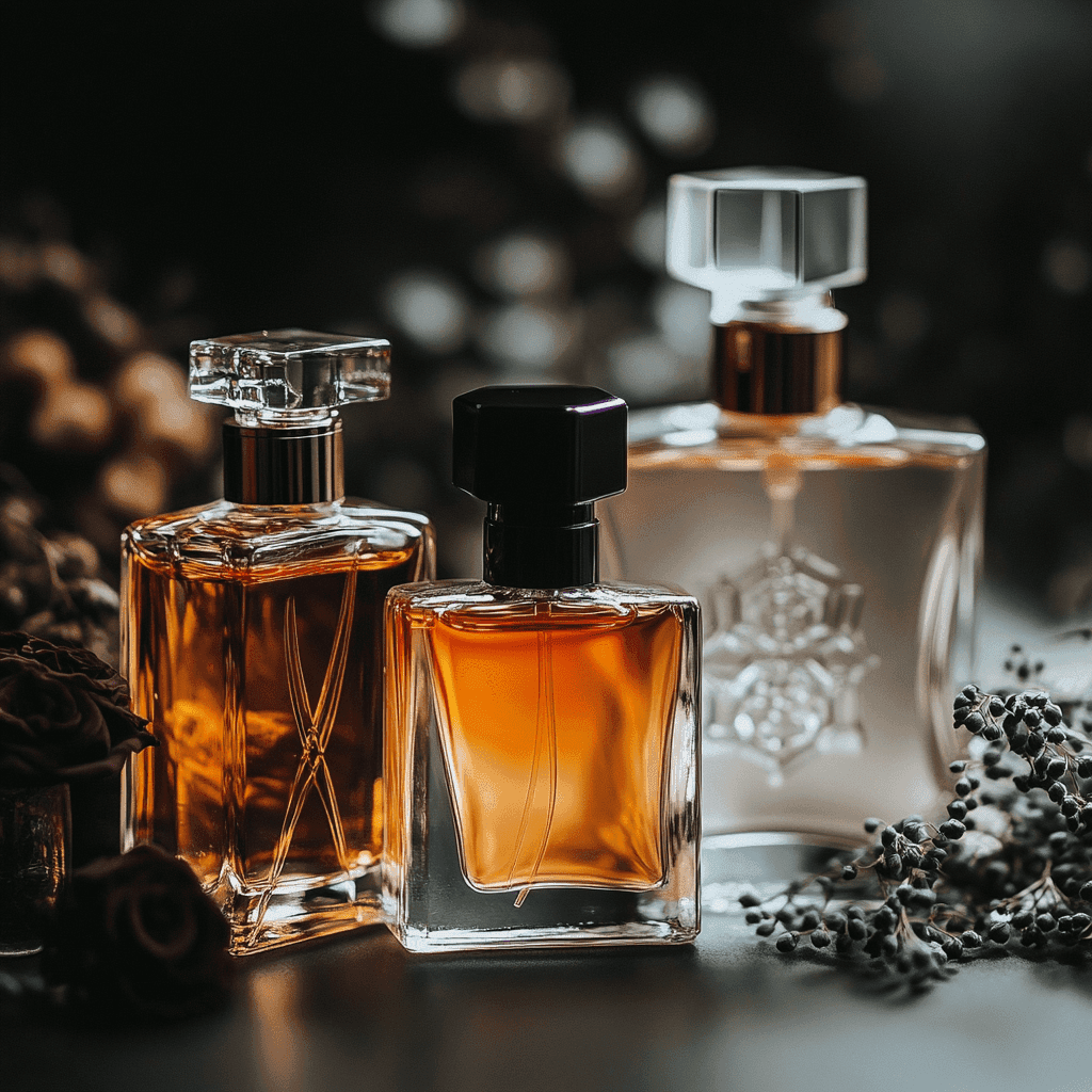 Elegant collection of luxury perfume bottles arranged on a sleek surface, featuring high-end designer fragrances with premium packaging