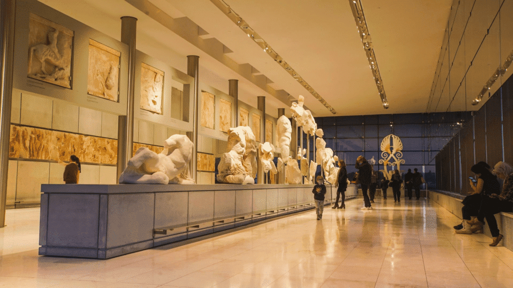 Acropolis Museum in Athens, Greece as the museums in the world you must visit at least once. displaying ancient Greek artifacts with a view of the Parthenon.