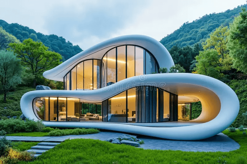 Exterior of a house of the future with modern architecture and smart tech features.