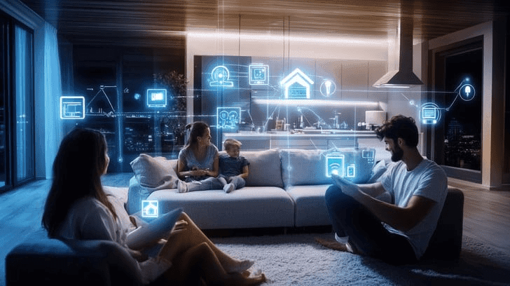 Smart home tech being used in a house of the future to control lighting, heating, and security.