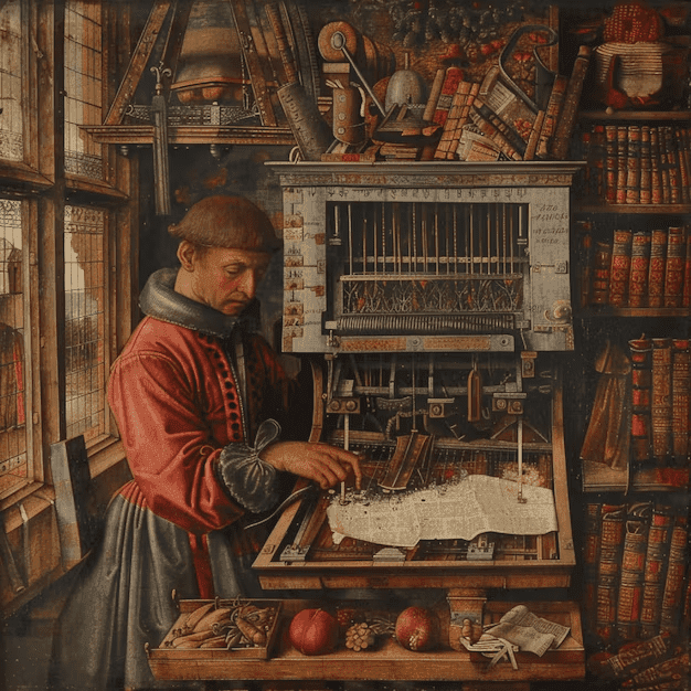 Illustration of Gutenberg’s printing press producing the first printed books, as invention that transformed the world