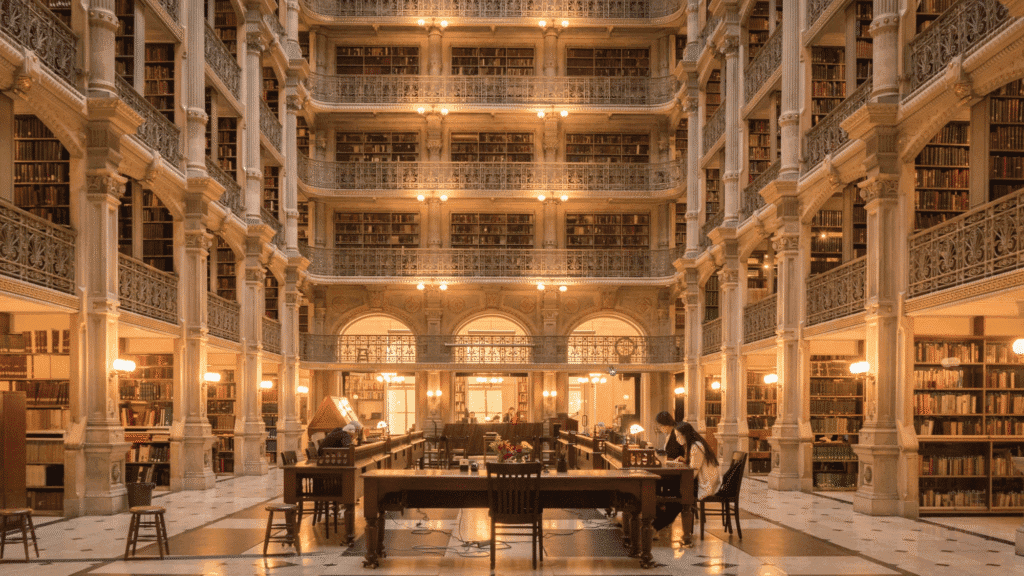 George Peabody Library’s Victorian-style atrium and balconies, as one of the beautiful libraries