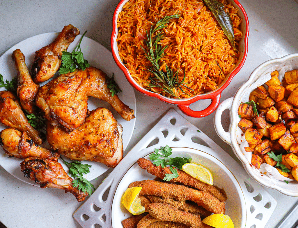 Nigerian Jollof rice served with rich spices and smoky flavors.