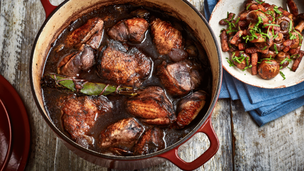 Traditional French Coq au Vin made with chicken, wine, and herbs, proving why France ranks among the best cuisines
