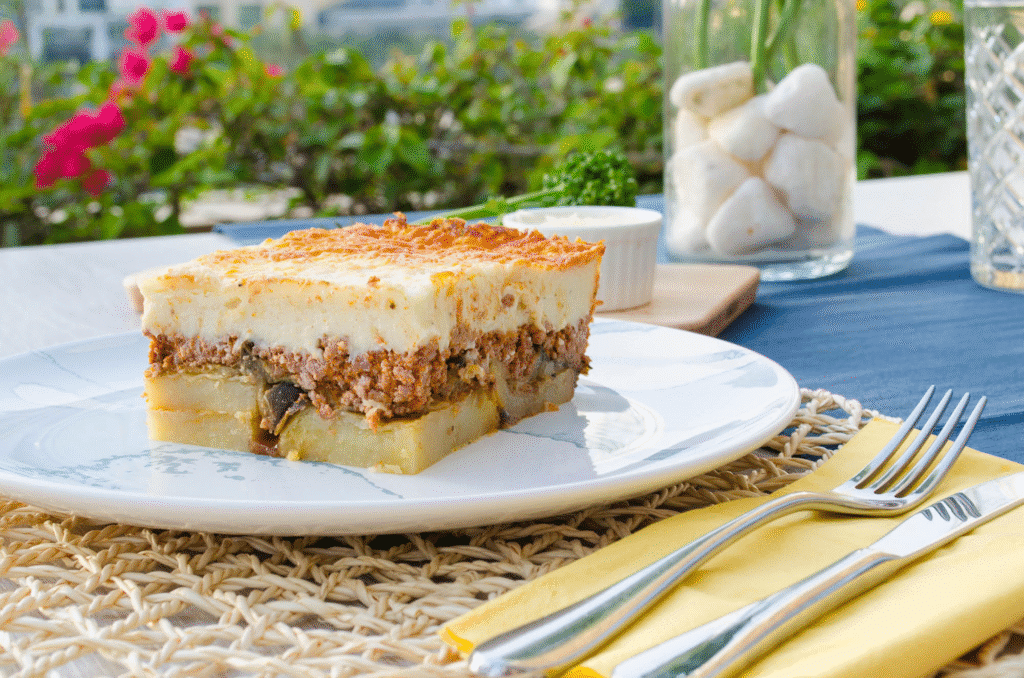 Greek Moussaka layered with eggplant, minced meat, and creamy béchamel, making Greece one of the countries with the best food