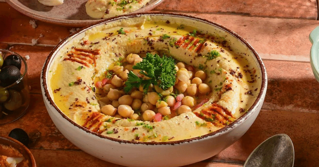Smooth Lebanese Hummus topped with olive oil and spices, placing Lebanon among the countries with the best cuisines