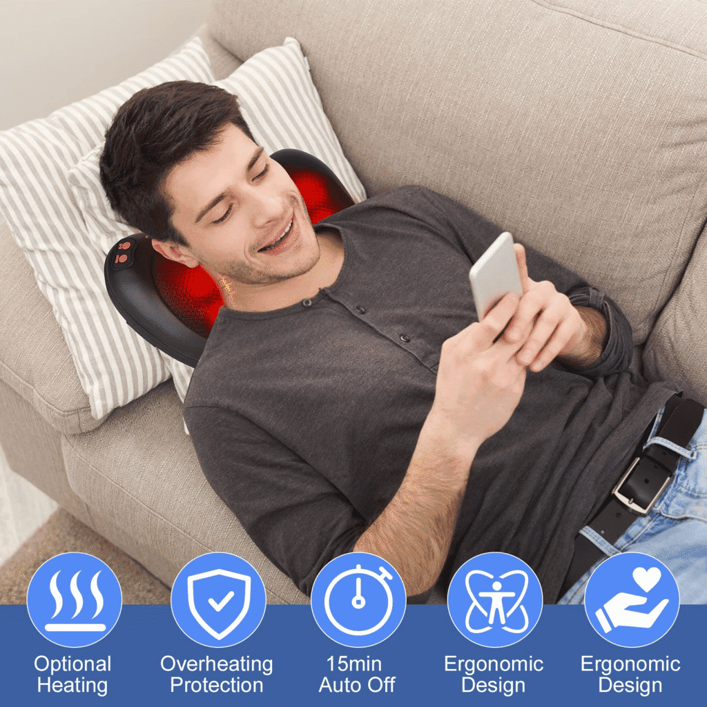 Shiatsu neck and back massage pillow designed to relieve stress and improve relaxation.