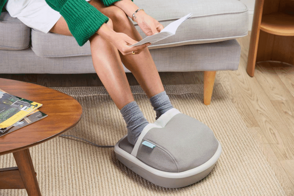 Foot massager with heat and compression that reduces tiredness, swelling, and weakness.