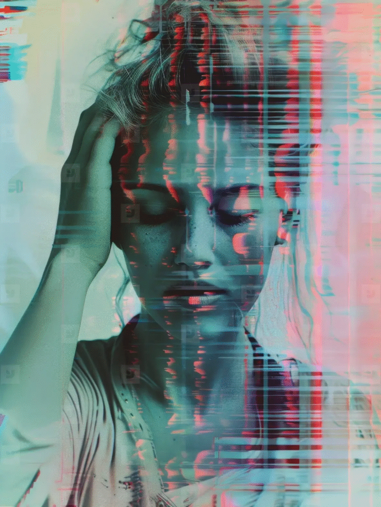Digital glitch effect over a human face symbolizing the brain glitch behind the science of déjà vu.