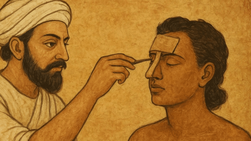 Ancient nose reconstruction in the history of plastic surgery using the Sushruta forehead flap method in ancient India.